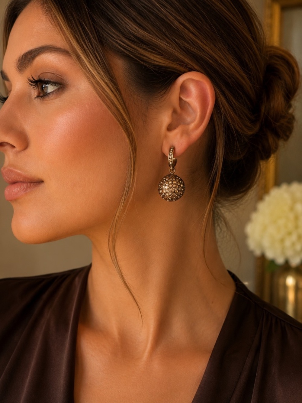 Chico’s Pavé Crystal Ball Drop Earrings Bronze Gold Tone Glam Statement